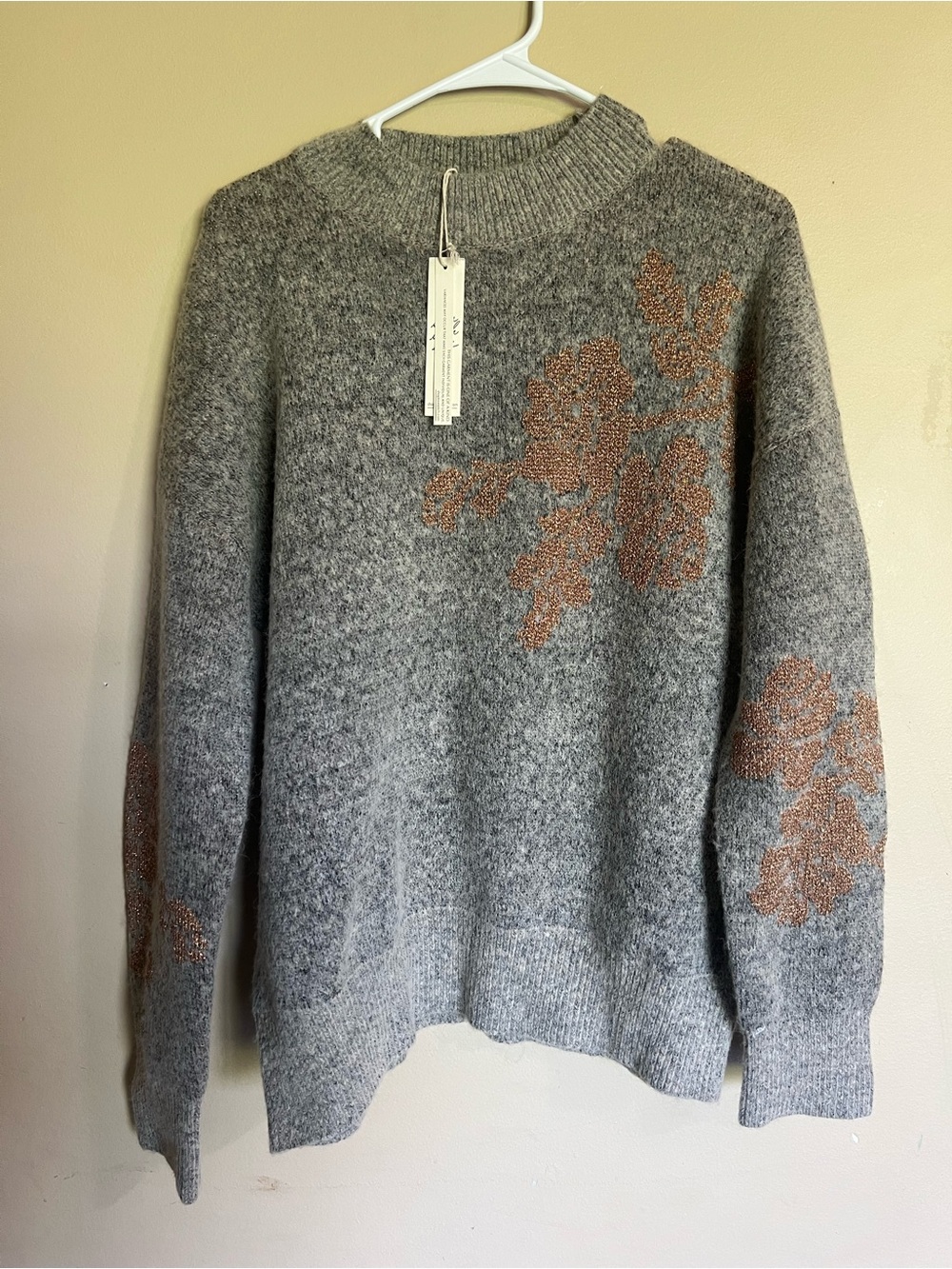 Love Stitch Gray Sweater with Bronze Floral Accents